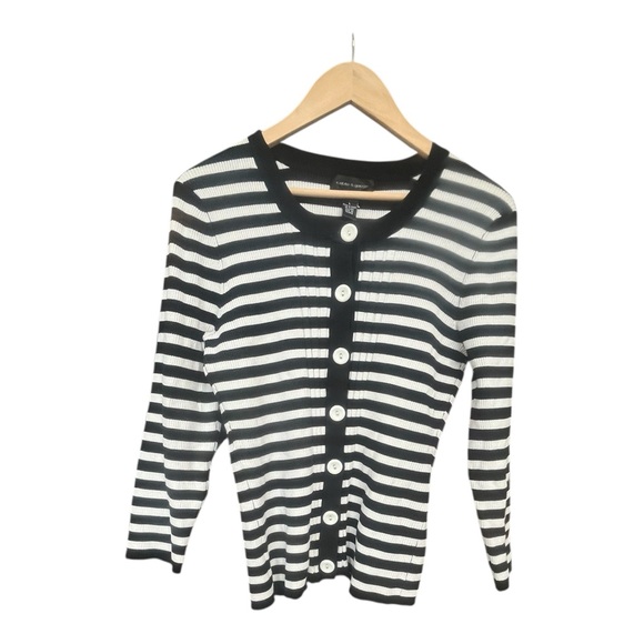 Cable & Gauge Sweaters - Cable & Gauge Ribbed Stripe Button-Up Cardigan in Black & White - Size L